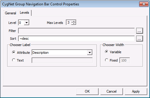 Group Navigation Bar Control Properties - Levels page